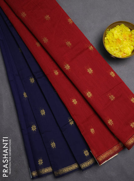 Semi maheswari cotton saree navy blue and maroon with zari woven buttas and small zari woven border