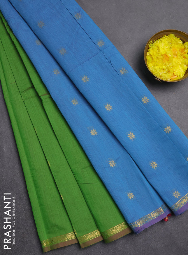 Semi maheswari cotton saree light green and pastel blue with zari woven buttas and small zari woven border
