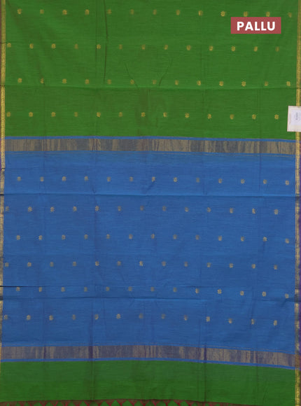 Semi maheswari cotton saree light green and pastel blue with zari woven buttas and small zari woven border