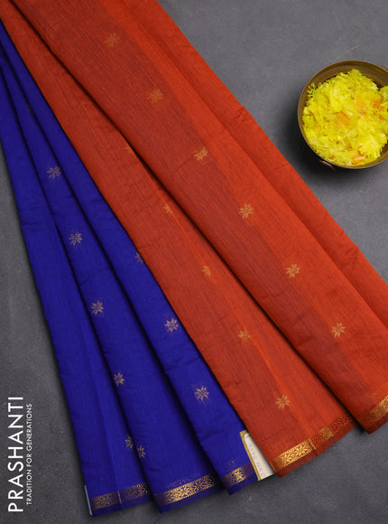 Semi maheswari cotton saree blue and rust with zari woven buttas and small zari woven border
