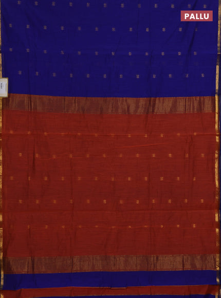 Semi maheswari cotton saree blue and rust with zari woven buttas and small zari woven border