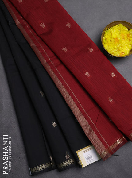 Semi maheswari cotton saree black and maroon with zari woven buttas and small zari woven border