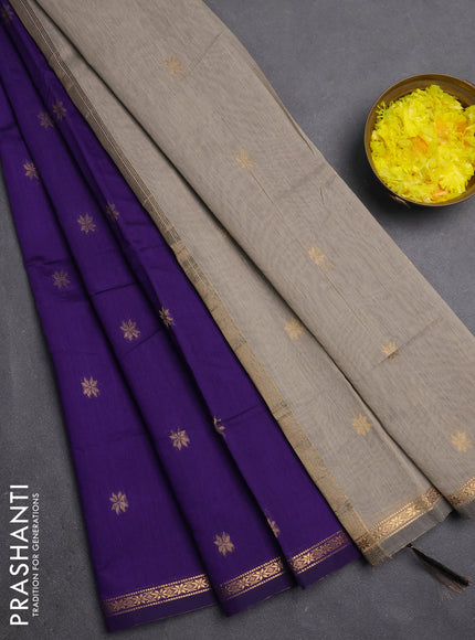 Semi maheswari cotton saree violet and beige with zari woven buttas and small zari woven border