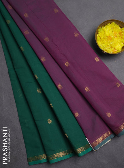 Semi maheswari cotton saree green and purple with zari woven buttas and small zari woven border