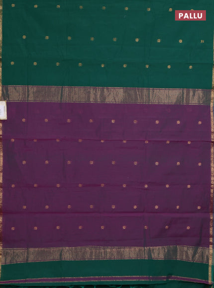 Semi maheswari cotton saree green and purple with zari woven buttas and small zari woven border