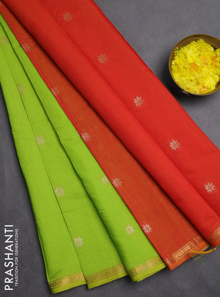 Semi maheswari cotton saree fluorescent green and orange with zari woven buttas and small zari woven border