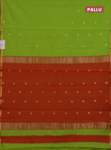 Semi maheswari cotton saree fluorescent green and orange with zari woven buttas and small zari woven border