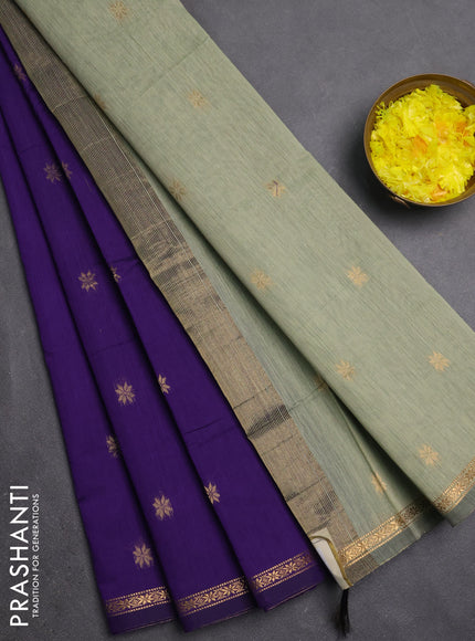 Semi maheswari cotton saree violet and pastel green with zari woven buttas and small zari woven border