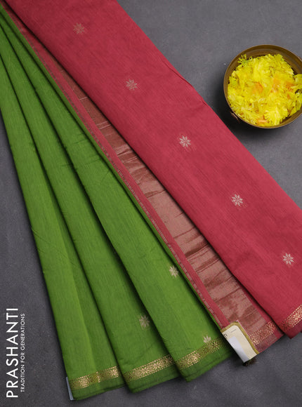 Semi maheswari cotton saree green and mauve pink with zari woven buttas and small zari woven border