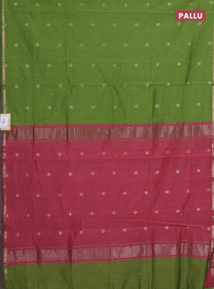 Semi maheswari cotton saree green and mauve pink with zari woven buttas and small zari woven border