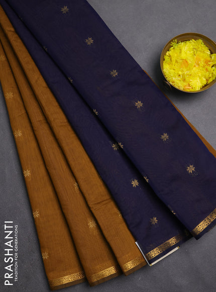 Semi maheswari cotton saree dark mustard and navy blue with zari woven buttas and small zari woven border