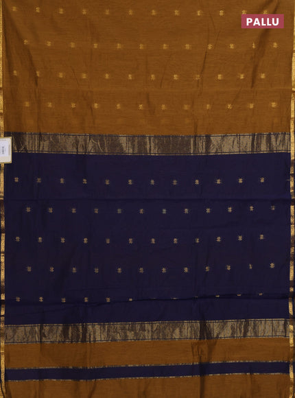 Semi maheswari cotton saree dark mustard and navy blue with zari woven buttas and small zari woven border