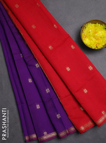 Semi maheswari cotton saree purple and red with zari woven buttas and small zari woven border