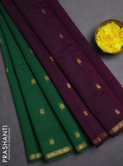 Semi maheswari cotton saree green and jamun with zari woven buttas and small zari woven border