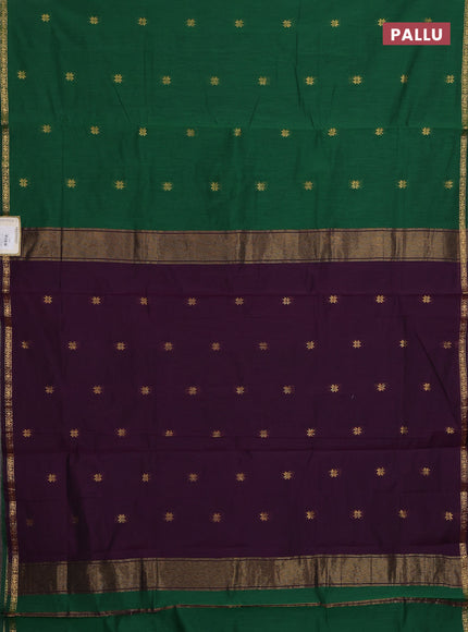 Semi maheswari cotton saree green and jamun with zari woven buttas and small zari woven border