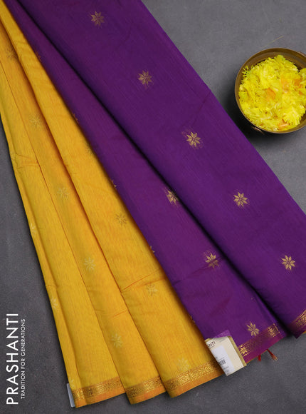 Semi maheswari cotton saree mustard yellow and purple with zari woven buttas and small zari woven border
