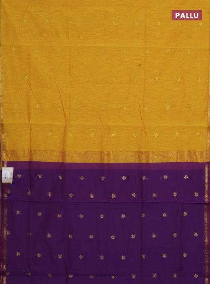 Semi maheswari cotton saree mustard yellow and purple with zari woven buttas and small zari woven border