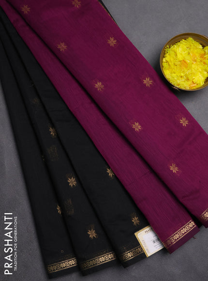 Semi maheswari cotton saree black and purple with zari woven buttas and small zari woven border