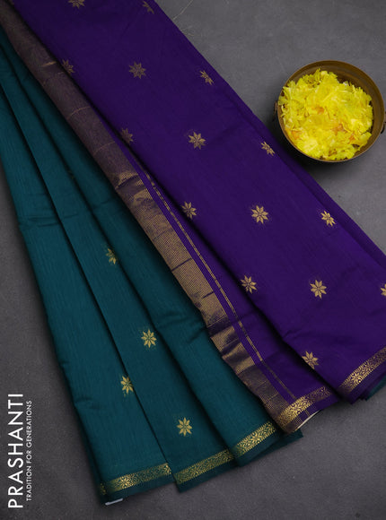 Semi maheswari cotton saree peacock green and violet with zari woven buttas and small zari woven border