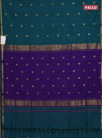Semi maheswari cotton saree peacock green and violet with zari woven buttas and small zari woven border