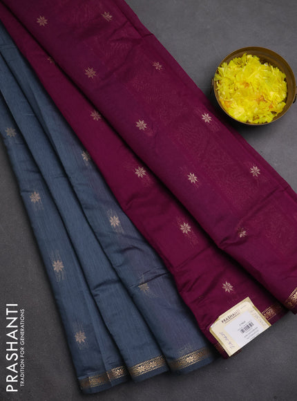 Semi maheswari cotton saree grey shade and purple with zari woven buttas and small zari woven border