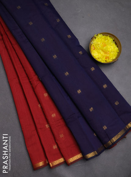 Semi maheswari cotton saree maroon and navy blue with zari woven buttas and small zari woven border