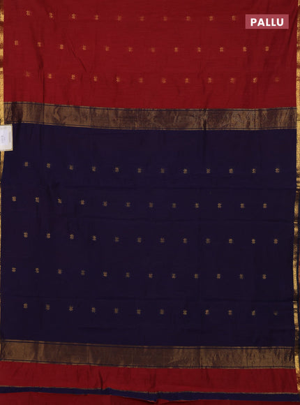 Semi maheswari cotton saree maroon and navy blue with zari woven buttas and small zari woven border
