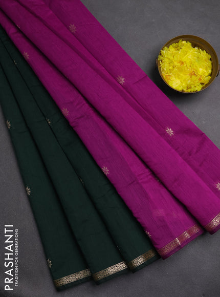 Semi maheswari cotton saree bottle green and purple with zari woven buttas and small zari woven border