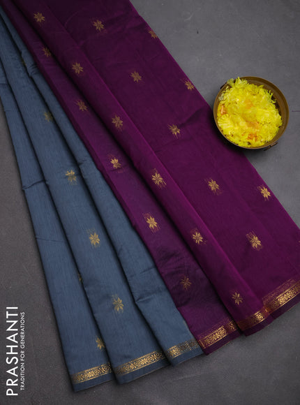 Semi maheswari cotton saree grey and purple with zari woven buttas and small zari woven border