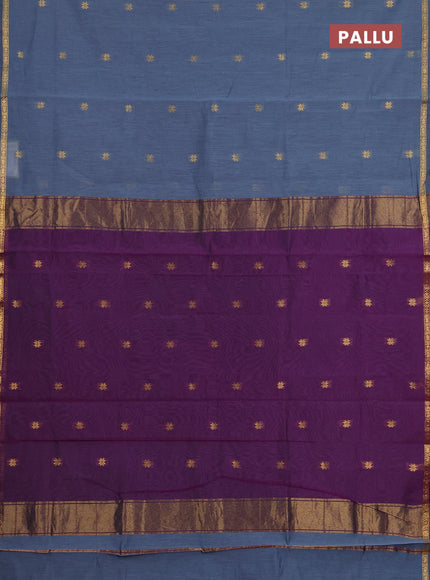 Semi maheswari cotton saree grey and purple with zari woven buttas and small zari woven border