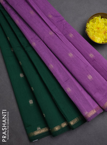 Semi maheswari cotton saree green and pastel purple with zari woven buttas and small zari woven border