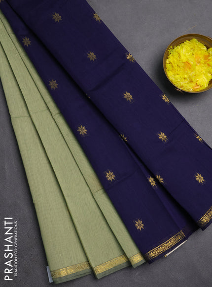 Semi maheswari cotton saree pastel green and navy blue with zari woven buttas and small zari woven border