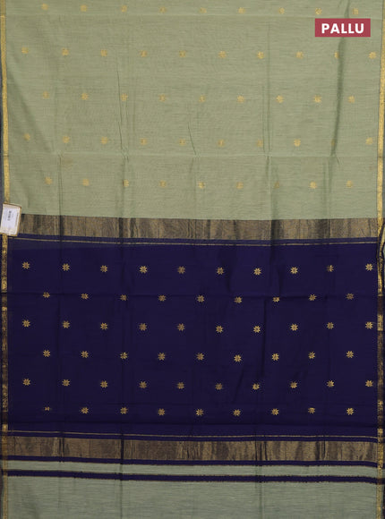 Semi maheswari cotton saree pastel green and navy blue with zari woven buttas and small zari woven border