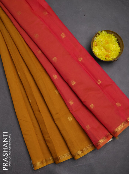 Semi maheswari cotton saree mustard yellow and pink shade with zari woven buttas and small zari woven border