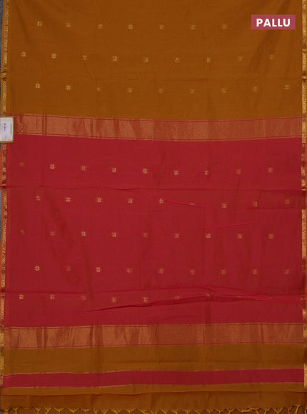 Semi maheswari cotton saree mustard yellow and pink shade with zari woven buttas and small zari woven border
