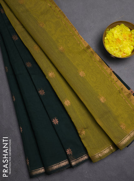 Semi maheswari cotton saree bottle green and mehendi green with zari woven buttas and small zari woven border