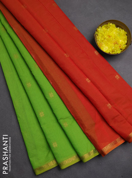 Semi maheswari cotton saree light green and dual shade of rustic orange with zari woven buttas and small zari woven border