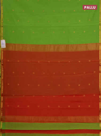 Semi maheswari cotton saree light green and dual shade of rustic orange with zari woven buttas and small zari woven border