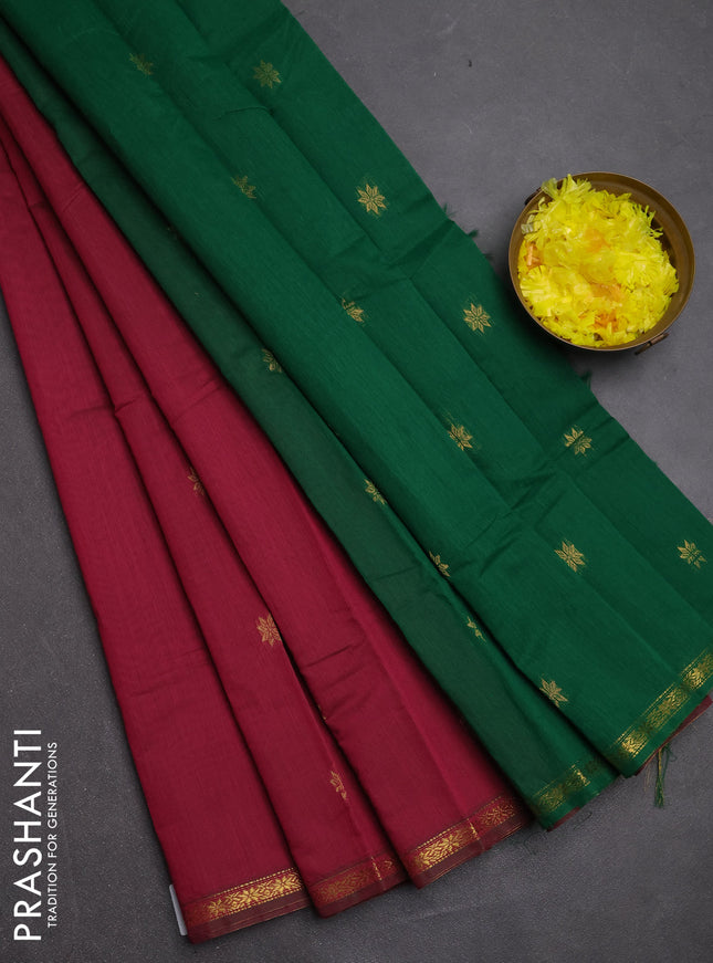 Semi maheswari cotton saree dual shade of pink and green with zari woven buttas and small zari woven border
