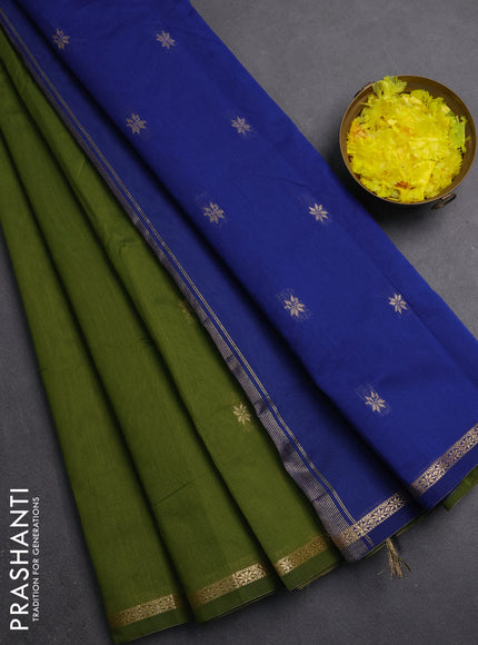 Semi maheswari cotton saree green shade and blue with zari woven buttas and small zari woven border