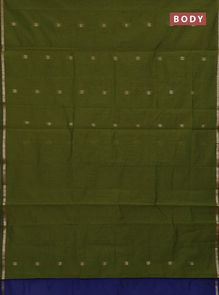 Semi maheswari cotton saree green shade and blue with zari woven buttas and small zari woven border