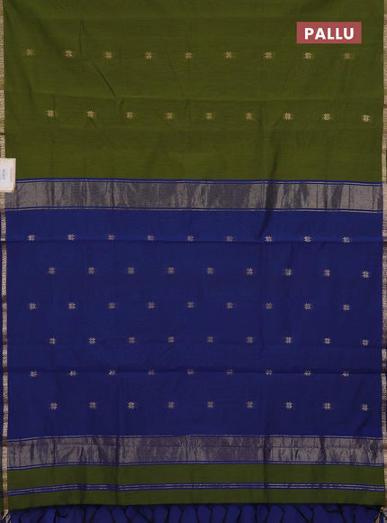 Semi maheswari cotton saree green shade and blue with zari woven buttas and small zari woven border