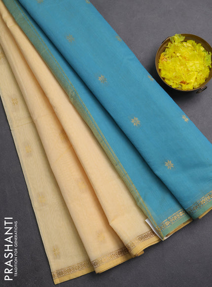 Semi maheswari cotton saree pale yellow and teal blue with zari woven buttas and small zari woven border