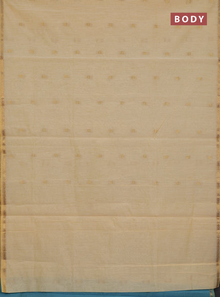 Semi maheswari cotton saree pale yellow and teal blue with zari woven buttas and small zari woven border