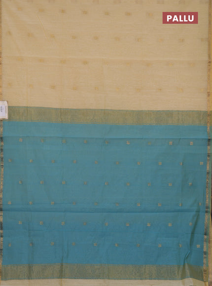 Semi maheswari cotton saree pale yellow and teal blue with zari woven buttas and small zari woven border