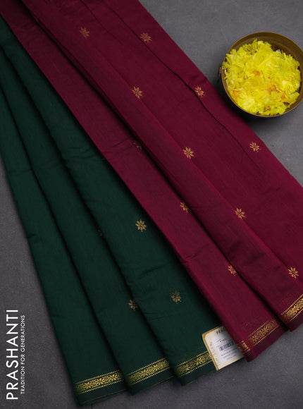 Semi maheswari cotton saree bottle green and dark magenta pink with zari woven buttas and small zari woven border