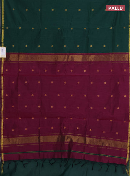 Semi maheswari cotton saree bottle green and dark magenta pink with zari woven buttas and small zari woven border