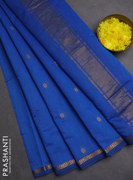 Semi maheswari cotton saree blue with zari woven buttas and small zari woven border