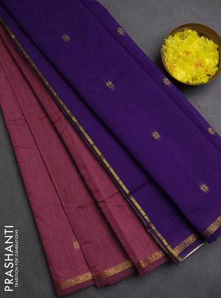 Semi maheswari cotton saree dark onion pink and violet with zari woven buttas and small zari woven border