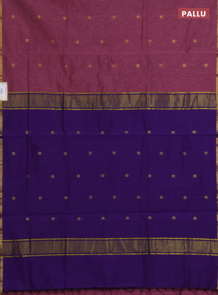 Semi maheswari cotton saree dark onion pink and violet with zari woven buttas and small zari woven border